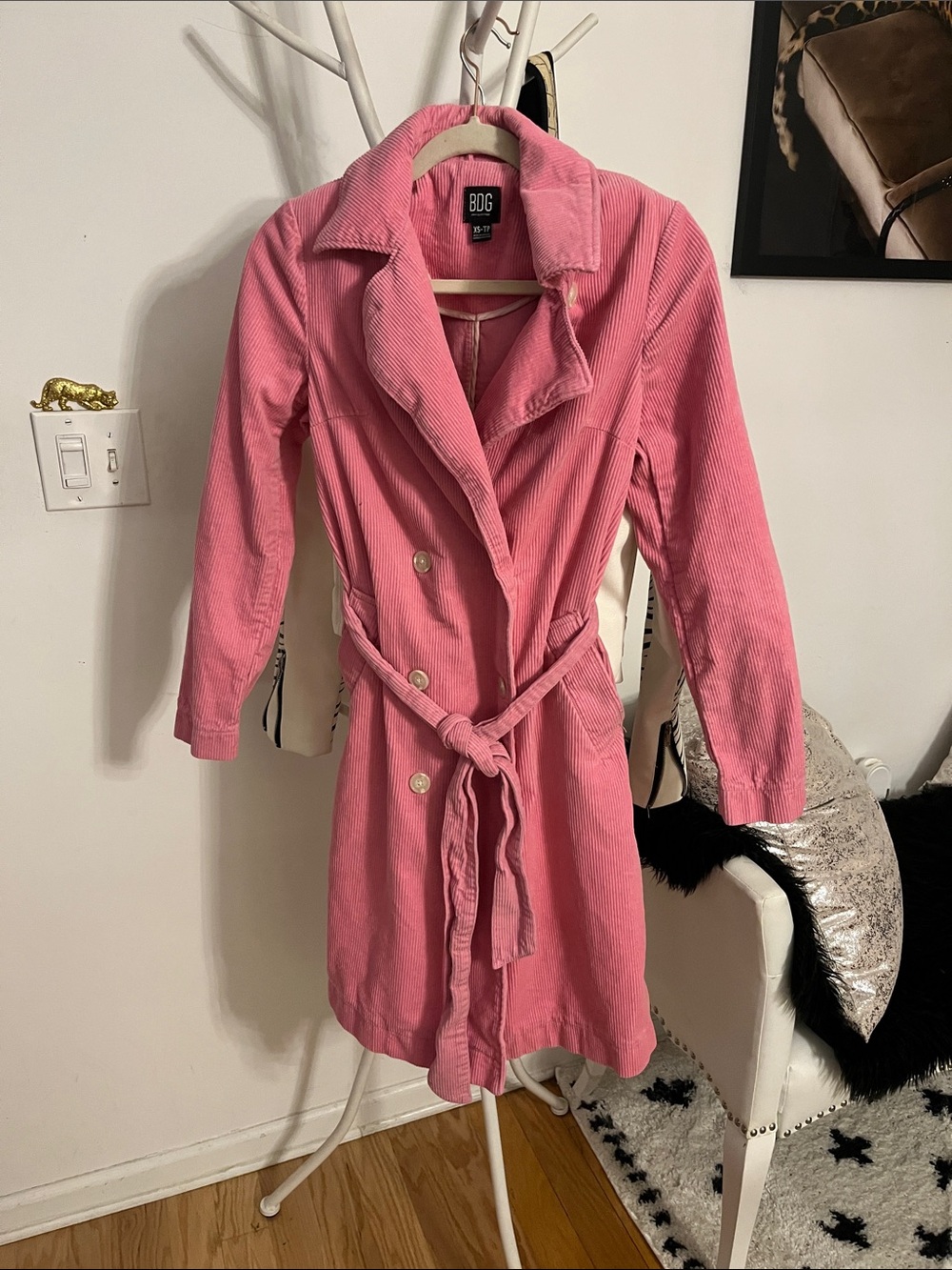 BDG Pink Corduroy Trench with Waist Tie